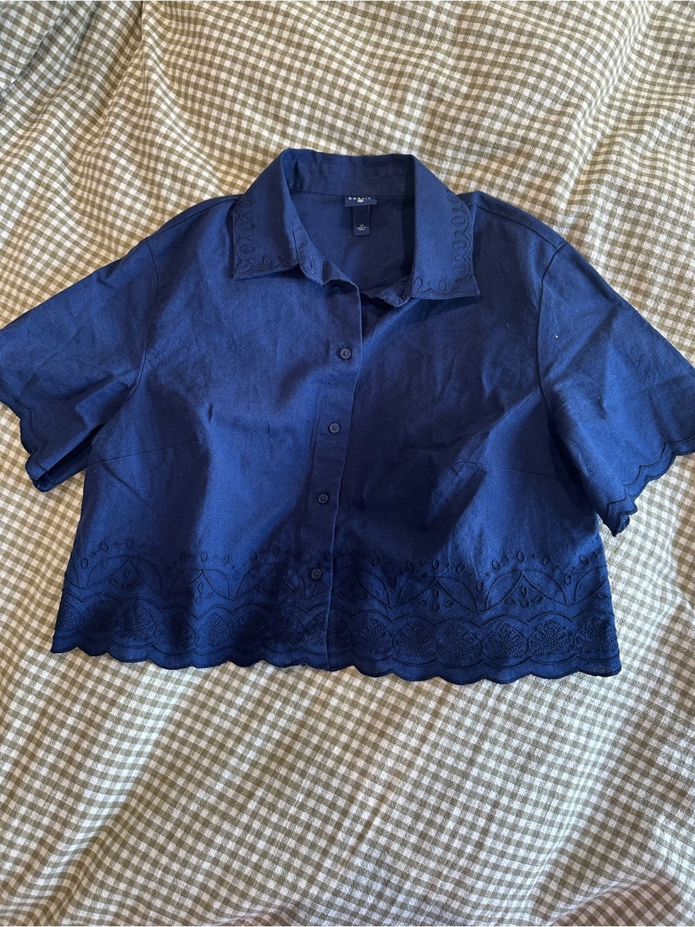 Roller Rabbit at Target Navy Embroidered Cropped Button-Up Top